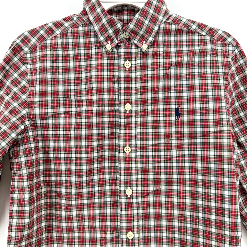 Ralph Lauren Boys Red Plaid Button Down Shirt Size M 10-12 Tartan Holidays